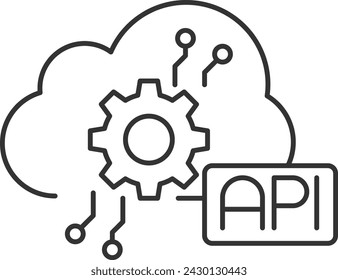 Vector icon of Digital Connectivity, API Integration. Cloud Connection, Cloud with Cog and API. Editable stroke on transparent backgrount,	