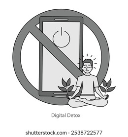 Vector icon for digital detox. A smartphone with a power-off button and leaves, symbolizing time away from devices to reconnect with nature.