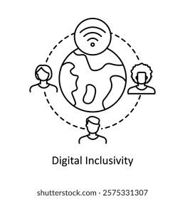  Vector icon for Digital Inclusivity. Represents global connectivity with Wi-Fi and diverse users.