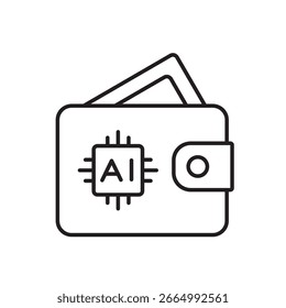 Um ícone vetorial de uma carteira digital com chip de IA, que representa a gestão inteligente do dinheiro e a automatização do pagamento, criado em estilo de linha com curso editável