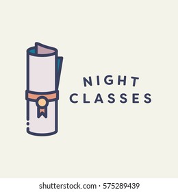 Vector icon of a diploma certificate with text night classes