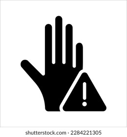 Vektorsymbol des Dreiecks des Haftungsausschlusses, Hand, Kreis mit Ausrufezeichen. Vektorgrafik auf weißem Hintergrund