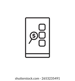 Vector icon displays an expense tracker app with a dollar sign, magnifying glass, and checkboxes on a phone, representing financial monitoring. Great for budgeting, finance, or app design.