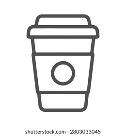 Vector icon of a disposable coffee cup with a lid and a sleeve, representing a takeaway beverage container for hot drinks like coffee, tea, or cocoa, suitable for cafe menus, food delivery apps, and coffee shop branding