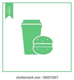Vector icon of disposable coffee cup and hamburger