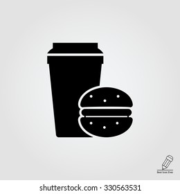 Vector icon of disposable coffee cup and hamburger