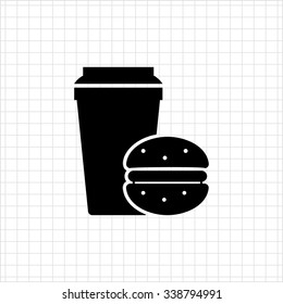 Vector icon of disposable coffee cup and hamburger