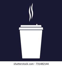 Vector icon of a disposable cup of coffee. A stale coffee drink in the dishes. Vector white icon on dark blue background. 