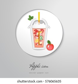 Vector icon with disposable cup with juice. Paper cut design.