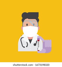 Icono vector de un médico con máscara protectora y gafas sosteniendo el tubo con análisis de sangre para Coronavirus. EPS10 con capas.