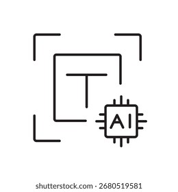 Un ícono de Vector de un documento con un marco de escaneo y un chip AI, que representa el reconocimiento de texto OCR utilizando AI, creado en estilo de línea con trazo editable