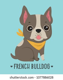 vector Icon dog breed French Bulldog. Stock illustration Frenchie Puppy clipart. Text: French Bulldog.