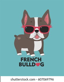 Vector icon Dog breed French bulldog. Image cartoon dog character  bulldog in glasses of pink color. Text: Love French Bulldog