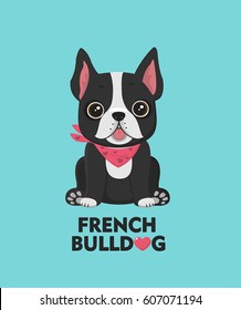 vector icon Dog breed French bulldog. The bulldog is dressed in a kerchief of pink color. Text: Love French Bulldog
