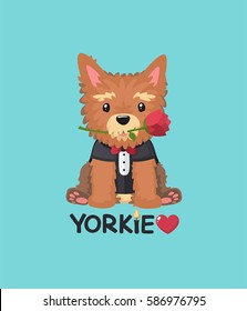 Vector Icon Dog Breed Yorkshire Terrier. Puppy In A Black Coat And Red Tie. Illustration Cartoon Dog Character Yorkie Puppy Holding A Red Rose. Text: Love Yorkie