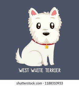Vector icon of dog breeds  West Highland White Terrier. A puppy of a terrier sits in a red collar with a star.