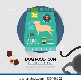 Icono vector de la comida seca para perros. Tentempiés mascotas en bolsitas. Estilo plano. Diseño de iconos para ilustración, tienda de mascotas, publicidad. Signo para indicar.