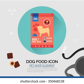 Vector icon of dog dry food. Pet snacks in pouches.Flat style. Icon design for illustration, pet shop, advertising. The sign to indicate.