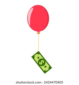 Icono vectorial de billete de dólar con globo volador aislado sobre fondo blanco. El dinero transportado fue volado usando globos de gas. Concepto de diseño de pago, recepción, financiación y asistencia a la inversión.