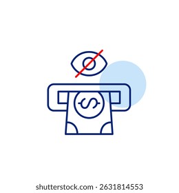 Vector icon of dollar bill in ATM with crossed-out eye, symbolizing hidden cash withdrawal, private transaction, or invisible banking activity. Ideal for finance apps, ATM interfaces, and privacy sett