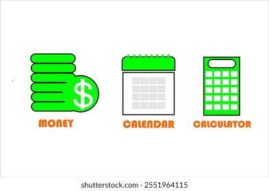 Vector icon of dollar, calendar and calculator as a concept in borrowing money at a bank includes the amount of money borrowed, payment time and loan interest. 