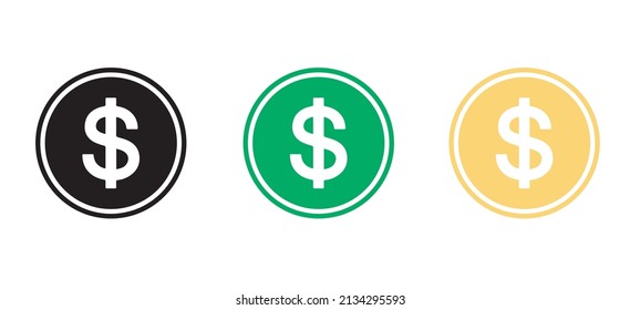 Icono vector del dinero en dólares. Conjunto de iconos redondeados en dólares sobre fondo blanco en tres conceptos de color diferentes.