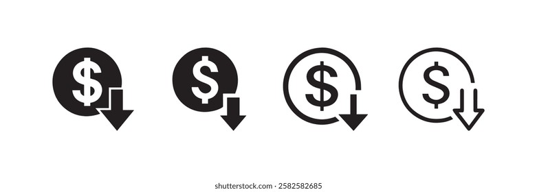 Vector icon of a dollar sign with a downward arrow representing cost reduction financial savings budget cut and economic decline in a minimalist silhouette and outline style