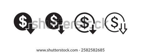 Vector icon of a dollar sign with a downward arrow representing cost reduction financial savings budget cut and economic decline in a minimalist silhouette and outline style