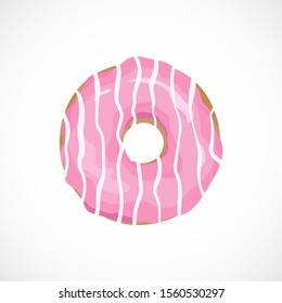 Vector icon of Donut with pink glaze and decorative sugar icing isolated on white background. Top view on hand drawn cartoon flat sweet dessert for menu, sweet shop, National Donut Day design poster. 