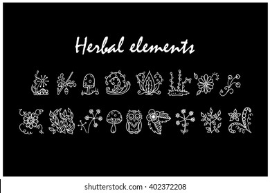 Vector icon doodle set. Herbal, forest, flower, mushroom, owl, grass, leaves, berry sketch hand drawn elements. Black and white. Isolated object on wild nature theme 
