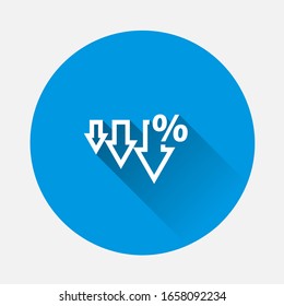 Icono del vector flecha abajo e icono de signo porcentual en fondo azul. Imagen plana con gran sombra.
