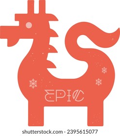 Vector icon of the Dragon with the word EPIC and snowflakes, in Swedish folk art style, with elements from Dalarna region in Sweden, showcasing Swedish folk heritage. Part of a Chinese Zodiac set in