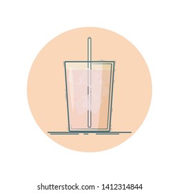 Vector icon of drink in a glass with straw and ice cubes. Isolated in circle. Flat design.