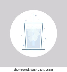 Vector icon of drink in a glass with straw and ice cubes. Isolated in circle. Flat design. Blue colors.