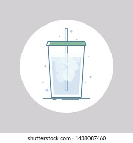 Vector icon of drink with ice cubes in a cup for take away. Isolated in circle. Flat design. Blue and green colors.