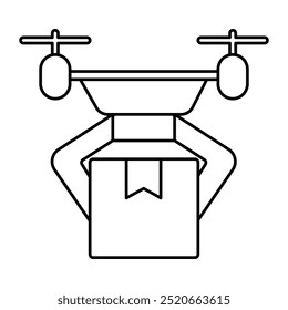 Ícone de vetor para Pacote de Transporte de Drone. Ícone desenhado à mão mostrando um drone de entrega transportando um pacote para soluções de entrega aérea.