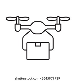 A vector icon of a drone carrying a package, representing unmanned parcel delivery, created in line style with editable stroke
