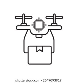 Um ícone vetorial de um drone com rotores duplos e chip de IA, representando a entrega autônoma de última geração usando inteligência artificial, criado em estilo de linha com traço editável