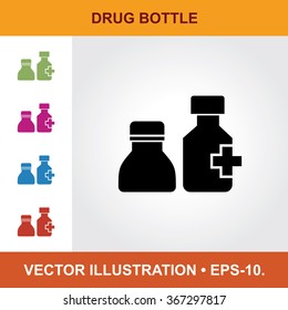 Vector Icon Of Drug Bottles With Title & Small Multicolored Icons. Eps-10.