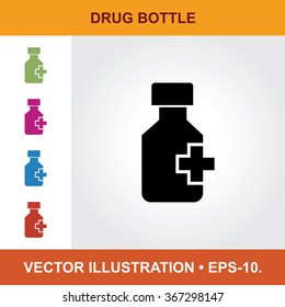 Vector Icon Of Drug Bottles With Title & Small Multicolored Icons. Eps-10.