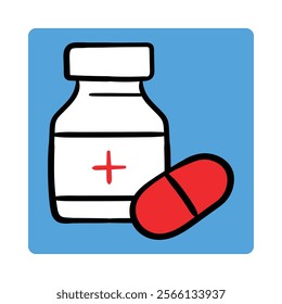 Vector icon for drug inventory management. Hand-drawn design of a medicine bottle and pill symbolizing pharmaceutical stock tracking.