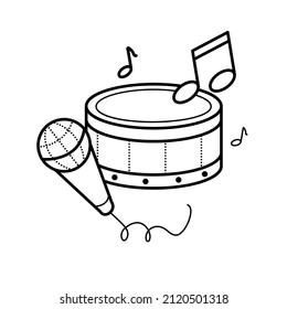 Vector icon with drum, microphone and notes