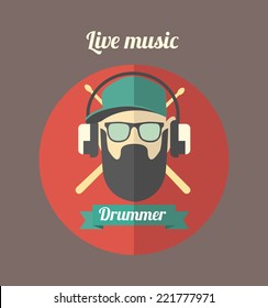 Vector icon drummer listen to music. Use for card, poster, banner, web design and print on t-shirt. Easy to edit. Vector illustration.