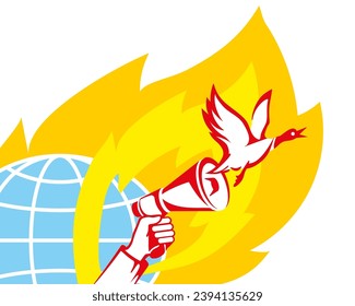 Un icono vector con un pato volando fuera de él - un símbolo de noticias falsas. En el fondo hay un globo ardiente.