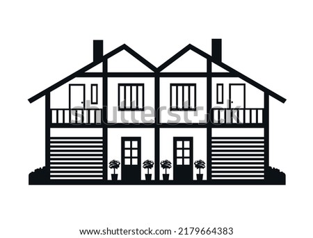 Vector icon duplex with garage and balcony. Illustration of urban architecture in black and white.