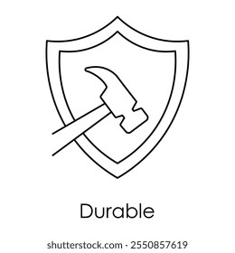 Ícone de vetor para materiais duráveis. Exibe um escudo com um martelo que representa resistência, confiabilidade e construção de longa duração.
