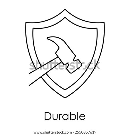 Vector icon for durable materials. Displays a shield with a hammer representing strength, reliability, and long-lasting construction.