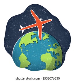Vector icon with Earth. Airplane flying around the globe. Flat graphic illustration for templates, web sites, infographics and printed materials.