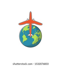 Vector icon with Earth. Airplane flying around the globe. Flat graphic illustration for templates, web sites, infographics and printed materials.