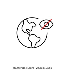 Vector icon of earth with crossed-out eye, symbolizing hidden location, private browsing, or invisible global access. Ideal for web browsers, privacy tools, and geo-restriction